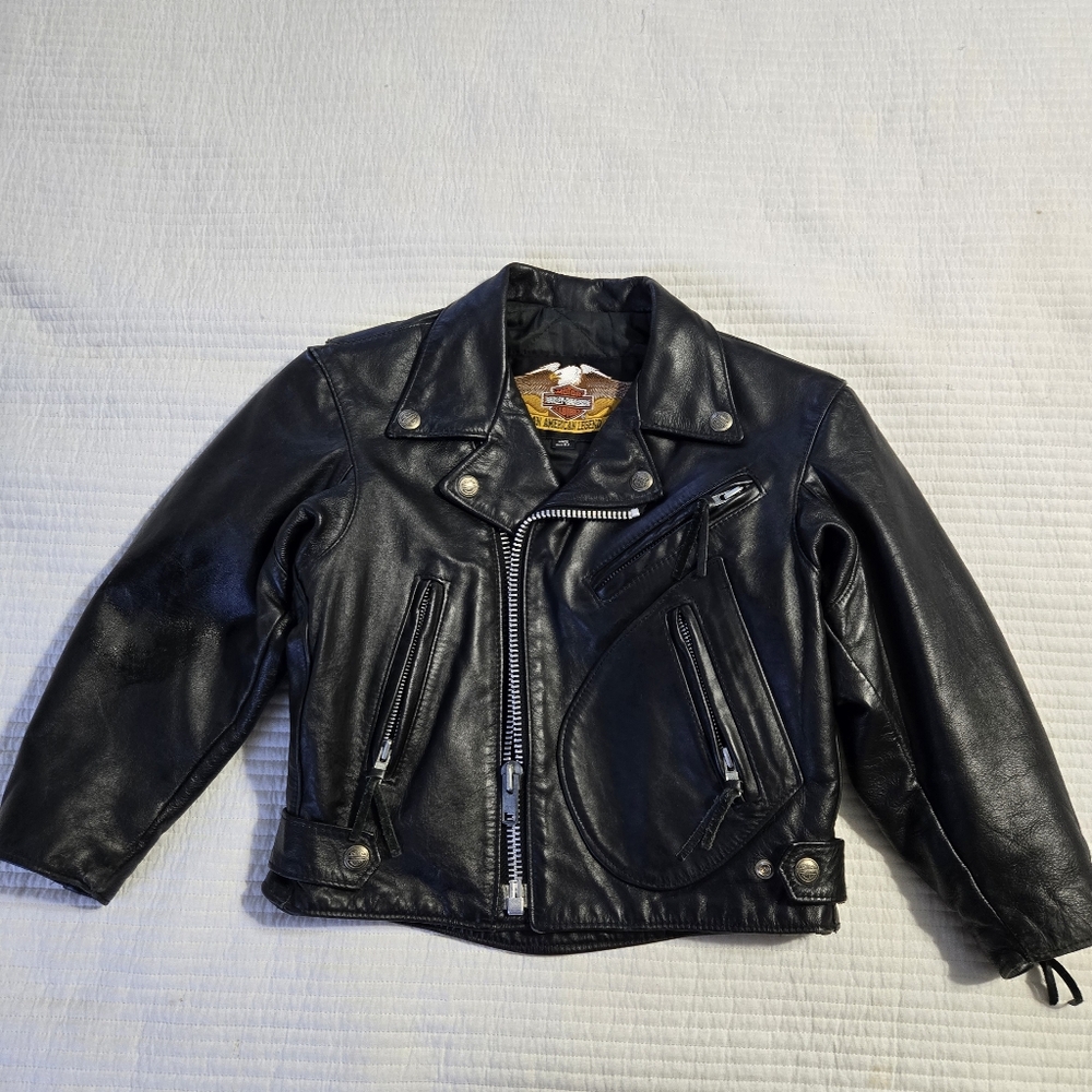 Kid's Harley Davidson Black Leather Thermal Lined Vintage Jacket Size 6 - Picture 2 of 14